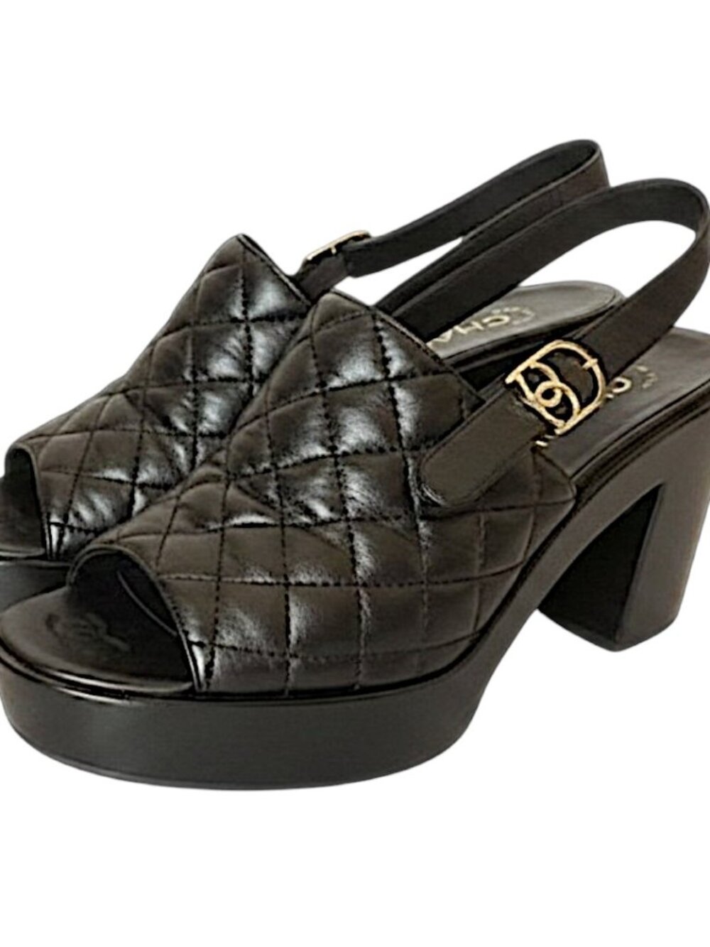 CHANEL CC LOGO QUILTED LAMBSKIN SLINGBACK BLOCK HEEL SANDALS BLACK 38 - Picture 4 of 14
